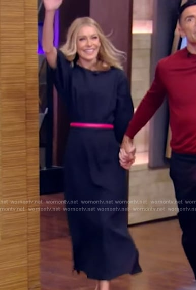 Kelly's navy elbow sleeve midi dress on Live with Kelly and Ryan