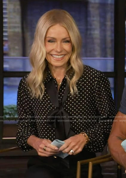 Kelly's black polka dot print blouse on Live with Kelly and Mark