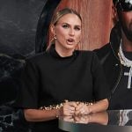 Keltie’s black embellished crop top and mini skirt on E! News