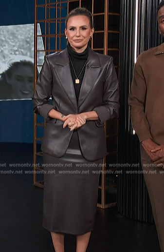 Keltie's brown leather blazer and skirt on E! News