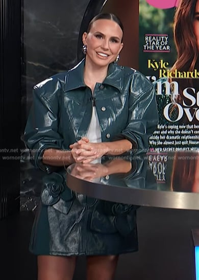 Keltie's teal leather jacket and floral applique mini skirt on E! News