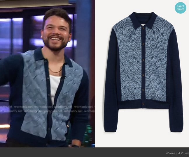 King & Tuckfield Textured Wave Cardigan worn by Josh Rivera on The Kelly Clarkson Show