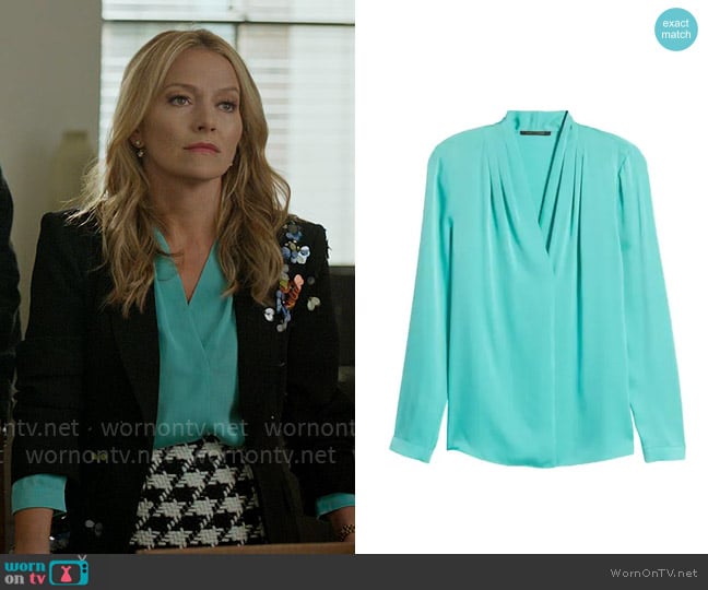 Kobi Halperin Nellie Blouse in Seafoam worn by Lorna Crane (Becki Newton) on The Lincoln Lawyer