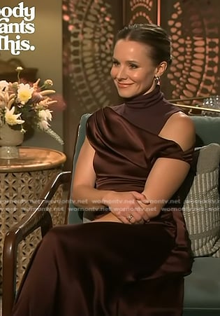 Kristen Bell's brown turleneck top and one shoulder dress on Access Hollywood