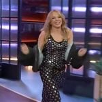 Kylie Minogue’s black metallic scoop neck dress on The Kelly Clarkson Show