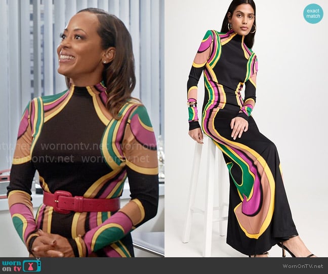 La DoubleJ Halle Dress in Rainbow Swirl Magenta Placée worn by Ivy Reed (Essence Atkins) on Poppas House