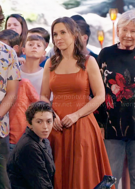 Lacey Chabert's orange flared midi dress on Celebrations with Lacey Chabert