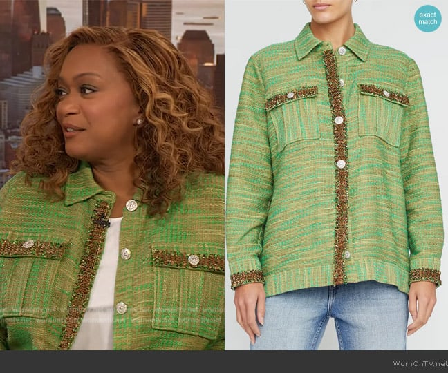 L'Agence Jeanine Cotton Blend Tweed Shirt Jacket worn by Sunny Anderson on The Drew Barrymore Show