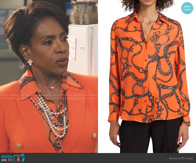 L'Agence Nina Silk Blouse in Orange Multi Buckle Chain worn by Barbara Howard (Sheryl Lee Ralph) on Abbott Elementary