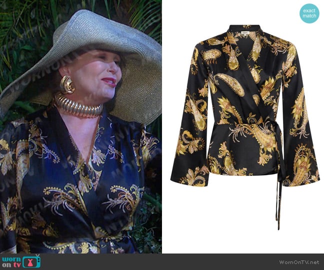 L'Agence Olive Wrap Blouse in Black Paisley worn by Bonnie Lockhart (Judi Evans) on Days of our Lives