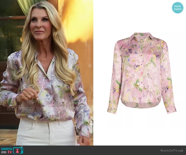 Joan’s lilac floral button down blouse on The Golden Bachelorette