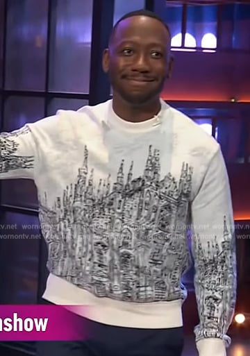 Lamorne Morris's city print sweater on The Kelly Clarkson Show