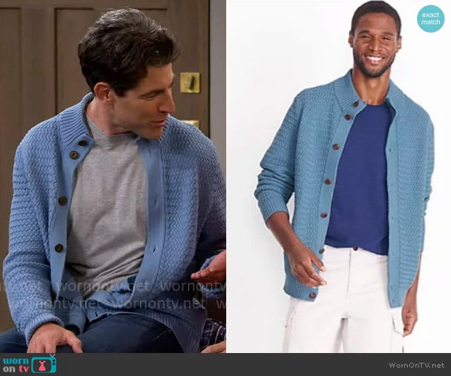 Land's End Drifter Mock Neck Cardigan in Muted Blue worn by Dave Johnson (Max Greenfield) on The Neighborhood