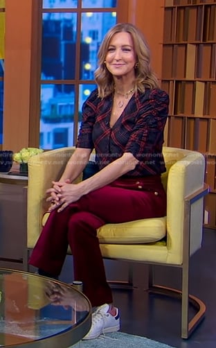 Lara’s red velvet flare pants on Good Morning America