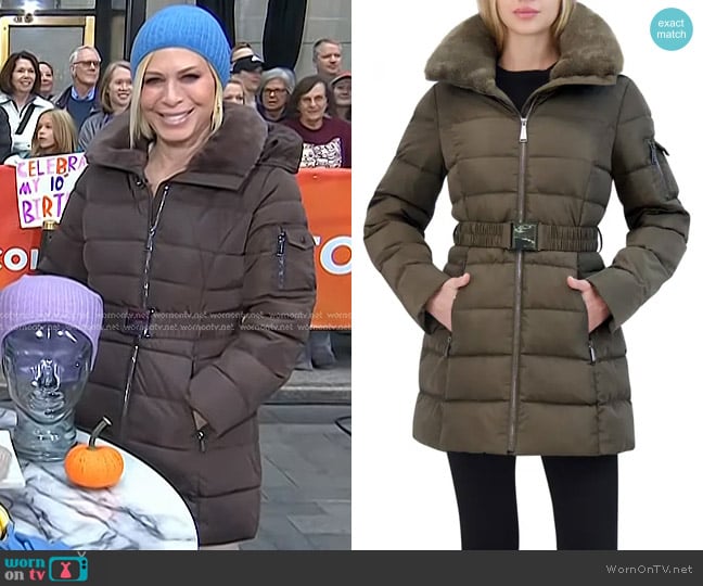 Laundry by Shelli Segal Faux Fur Trim Hooded Belted Puffer Jacket in Dark Olive worn by Jill Martin on Today