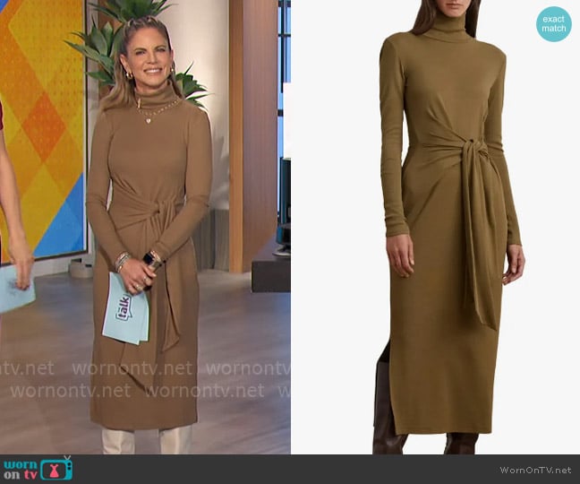 LAUREN Ralph Lauren Tie Waist Long Sleeve Rib Dress in Honey Tan worn by Natalie Morales on The Talk