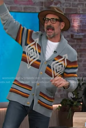 Lawrence Zarian's light blue printed cardigan on The Kelly Clarkson Show