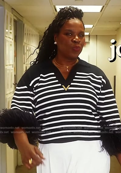 Leslie Jones' stripe feather cuff sweater on The Drew Barrymore Show