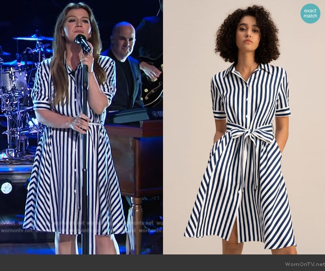 Lily Silk Amalfi Stripe Silk Shirtdress with Belt worn by Kelly Clarkson on The Kelly Clarkson Show