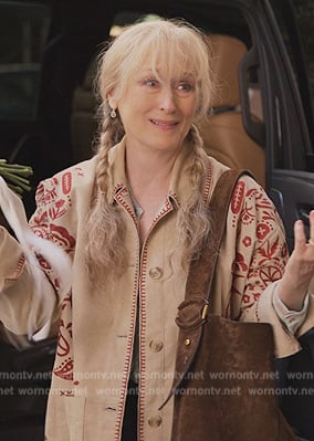 Loretta’s beige embroidered jacket on Only Murders in the Building