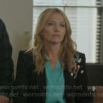 Lorna’s turquoise blouse, sequin embellished blazer and houndstooth skirt on The Lincoln Lawyer