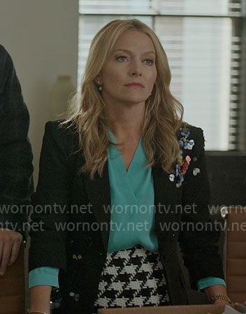 Lorna's turquoise blouse, sequin embellished blazer and houndstooth skirt on The Lincoln Lawyer