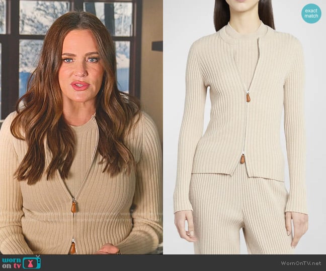 Loro Piana Cashmere Ribbed Knit Top and Lago Sirio Cashmere Zip-Up Jacket worn by Meredith Marks on The Real Housewives of Salt Lake City