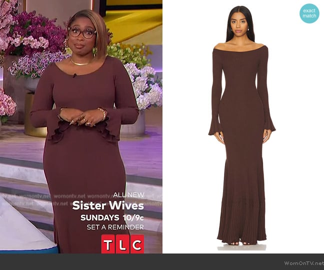 Jennifer’s burgundy off shoulder maxi dress on The Jennifer Hudson Show