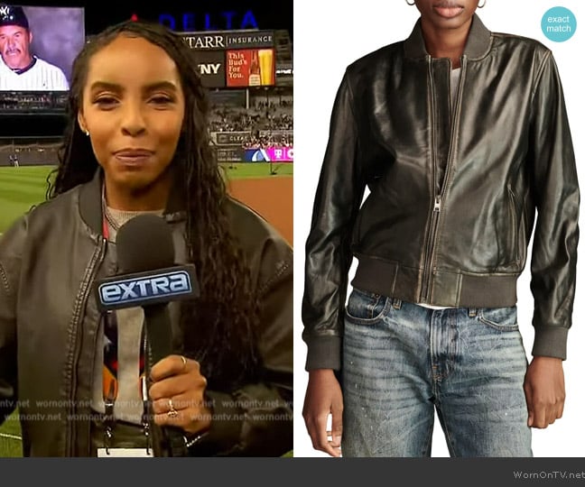 Mona’s black leather moto jacket on Extra