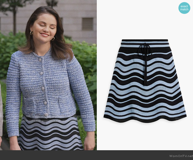 M Missoni Striped crochet-knit cotton-blend mini skirt worn by Mabel Mora (Selena Gomez) on Only Murders in the Building