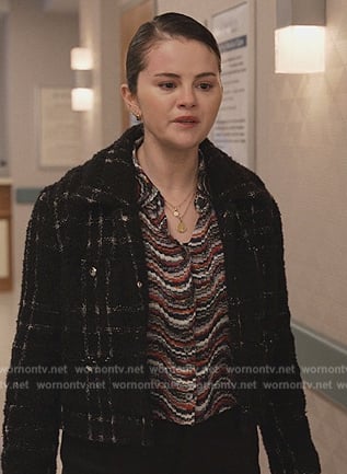 Mabel’s textured wave shirt and tweed jacket on Only Murders in the Building