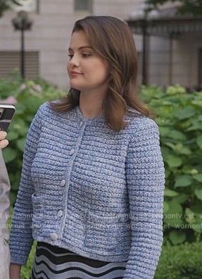 Mabel’s blue ribbed cardigan and swirl mini skirt on Only Murders in the Building