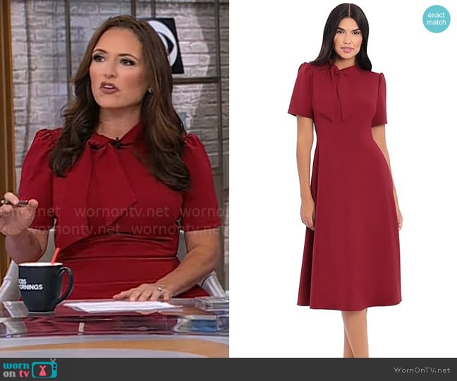 Maggy London Short Sleeve Necktie Midi Dress in Cabernet worn by Nikki Battiste on CBS Mornings