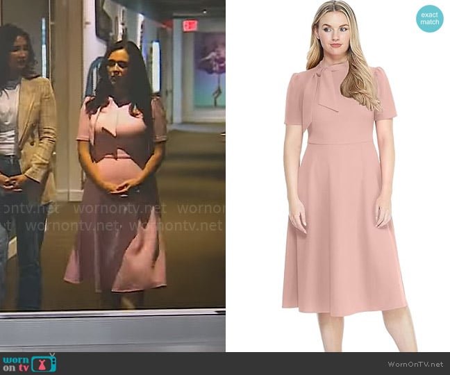 Maggy London Short Sleeve Necktie Midi Dress in Shell Pink worn by Nikki Battiste on CBS Mornings