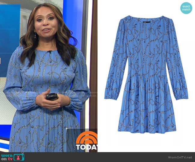 Maje Patterned Pleated Dress in Blue Chains Print worn by Adelle Caballero on Today