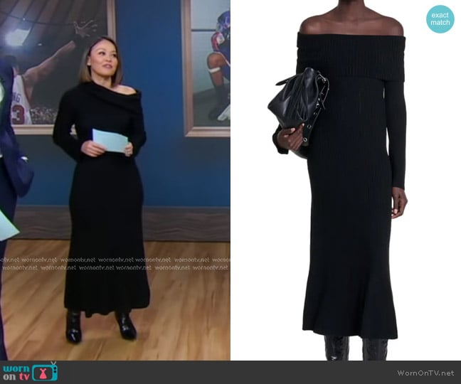 Maje Repos Off-the-Shoulder Knit Maxi Dress worn by Eva Pilgrim on Good Morning America