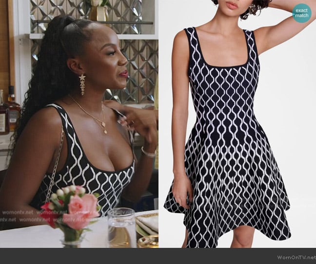 Maje Russel Graphic Knit Skater Dress worn by Jassi Rideaux on The Real Housewives of Potomac