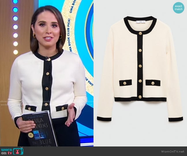 Elizabeth’s white contrast trim cardigan on Good Morning America