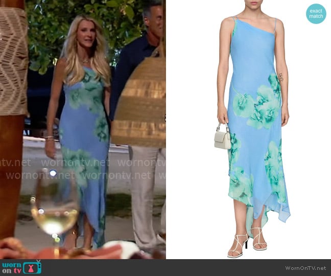 Joan’s blue and green floral dress on The Golden Bachelorette