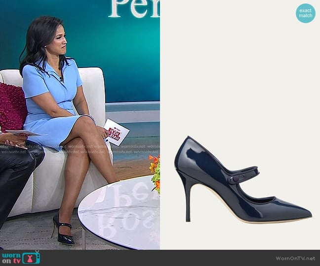 Manolo Blahnik Patent Leather Mary Jane Pumps in Blue worn by Laura Jarrett on Today