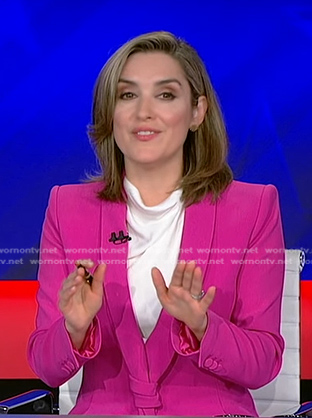 Margaret's pink knot blazer on CBS Evening News