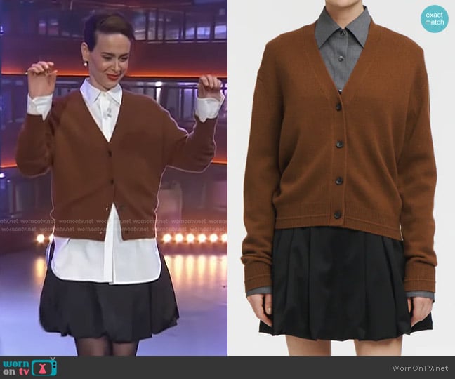 Maria McManus Classic V Cardigan in Vicuna worn by Sarah Paulson on The Kelly Clarkson Show