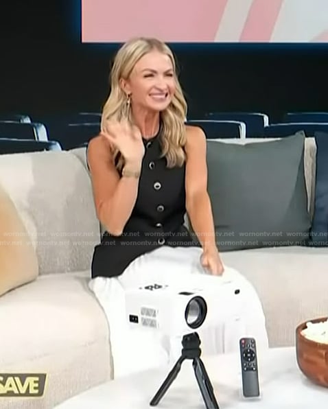 Maria Provenzano's black button down sleeveless top on Access Hollywood