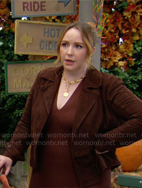 Mariah’s brown suede jacket on The Young and the Restless