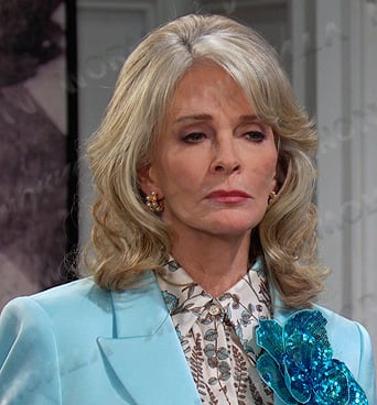 Marlena's floral blouse and blue sequin floral applique blazer on Days of our Lives