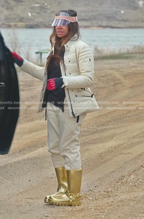 Mary's ivory down jacket and metallic rain boots on The Real Housewives of Salt Lake City