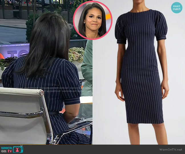 Max Mara Tunica Pinstripe Puff Sleeve Sheath Dress in Ultramarine worn by Laura Jarrett on Today