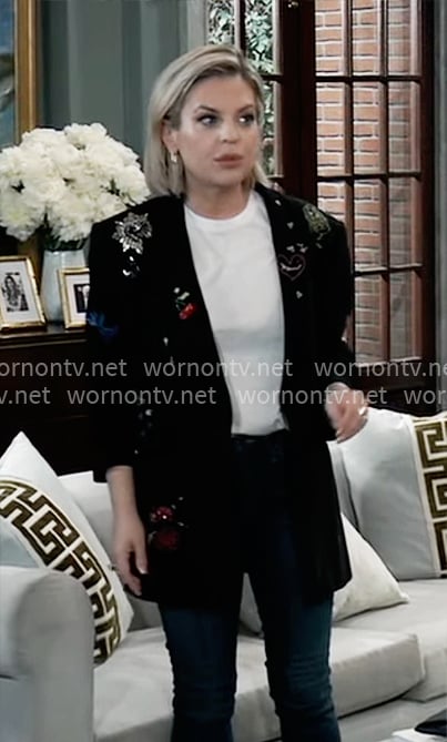 Maxie's black novelty embroidered blazer on General Hospital