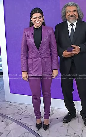 Mayan Lopez's purple cringle leather blazer and pants on Today