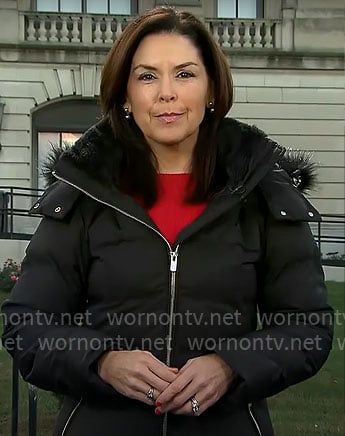 Meg Oliver's black puffer jacket with fur hood on CBS Mornings